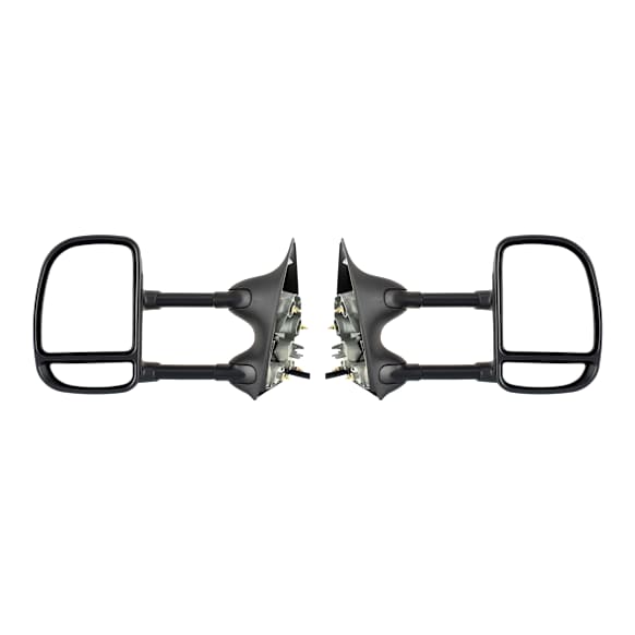 Driver and Passenger Side Towing Mirror, Power Adjust, Non-Heated, Manual Folding, Textured Black, No Signal Light, No Memory, No Puddle Light, No Auto-Dim, With Blind Spot Glass