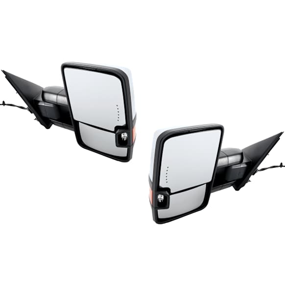 Driver and Passenger Side Towing Mirror, Power Adjust, Heated, Power Folding, Chrome, In-glass Signal Light, With Memory, No Puddle Light, No Auto-Dim, No Blind Spot Feature