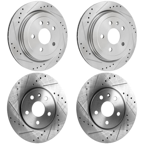 Front and Rear Brake Disc, 4-Wheel Set, Cross-drilled and Slotted, Vented, 5 Lugs