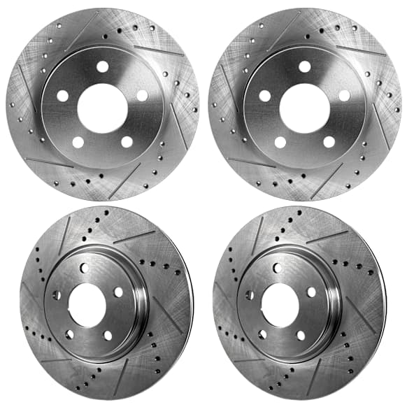 Front and Rear Brake Disc, 4-Wheel Set, Cross-drilled and Slotted, Vented - Front; Solid - Rear, 5 Lugs