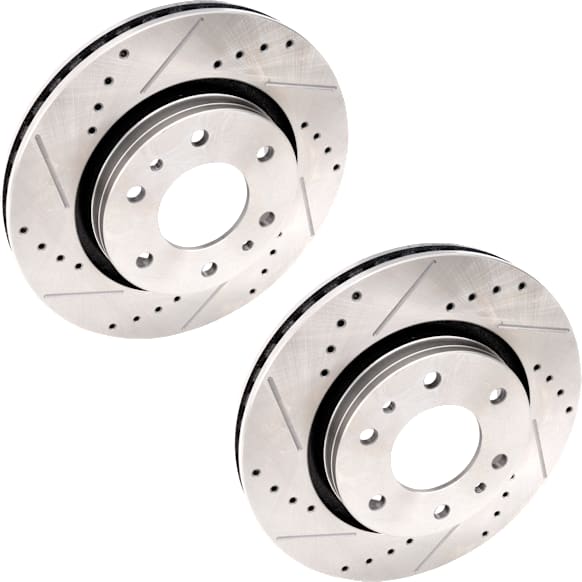 Front, Driver and Passenger Side Brake Discs, Cross-drilled and Slotted, Vented, 6 Lugs