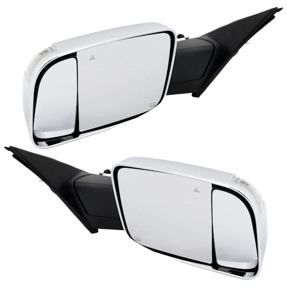 Driver and Passenger Side Towing Mirror, Power Adjust, Heated, Manual Folding, Chrome, In-housing Signal Light, With Memory, With Puddle Light, No Auto-Dim, With Blind Spot Detection in Glass