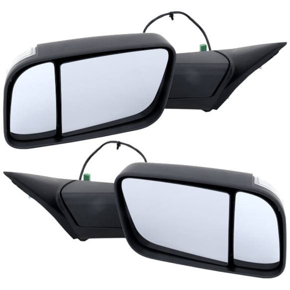 Driver and Passenger Side Towing Mirror, Power Adjust, Heated, Power Folding, Textured Black, In-housing Signal Light, No Memory, With Puddle Light, No Auto-Dim, With Blind Spot Glass