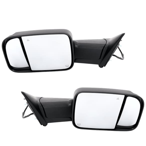 Driver and Passenger Side Towing Mirror, Power Adjust, Heated, Power Folding, Textured Black, In-housing Signal Light, No Memory, With Puddle Light, No Auto-Dim, With Blind Spot Detection in Glass