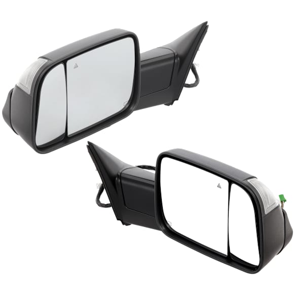 Driver and Passenger Side Towing Mirror, Power Adjust, Heated, Power Folding, Textured Black, In-housing Signal Light, With Memory, With Puddle Light, No Auto-Dim, With Blind Spot Light in Glass