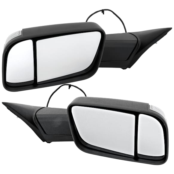 Driver and Passenger Side Towing Mirror, Power Adjust, Heated, Manual Folding, Textured Black, In-housing Signal Light, No Memory, With Puddle Light, No Auto-Dim, No Blind Spot Feature