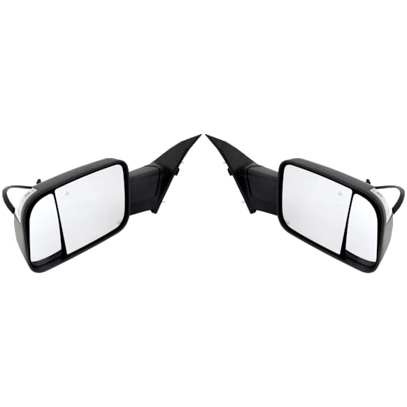 Driver and Passenger Side Towing Mirror, Power Adjust, Heated, Manual Folding, Textured Black, In-housing Signal Light, No Memory, With Puddle Light, No Auto-Dim, With Blind Spot Detection in Glass