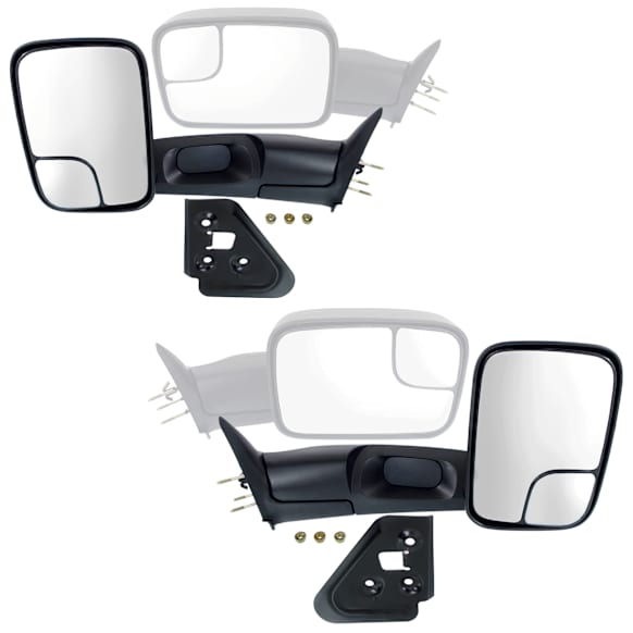 Driver and Passenger Side Towing Mirror, Manual Adjust, Non-Heated, Manual Folding, Textured Black, No Signal Light, No Memory, No Puddle Light, No Auto-Dim, With Blind Spot Glass