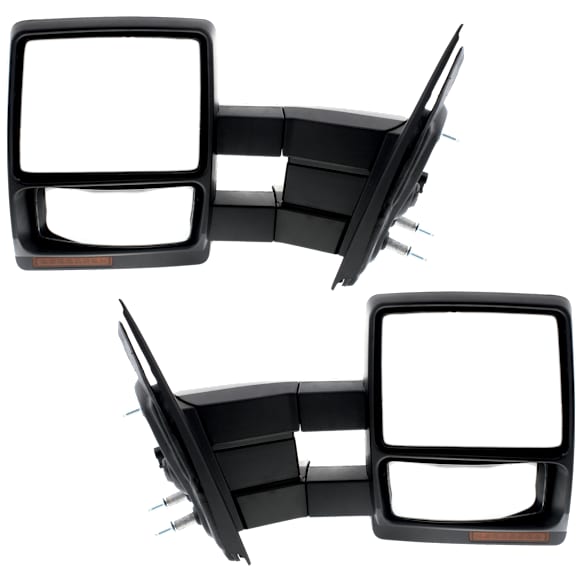 Driver and Passenger Side Towing Mirror, Power Adjust, Heated, Manual Folding, Textured Black, In-housing Signal Light, No Memory, With Puddle Light, No Auto-Dim, No Blind Spot Feature