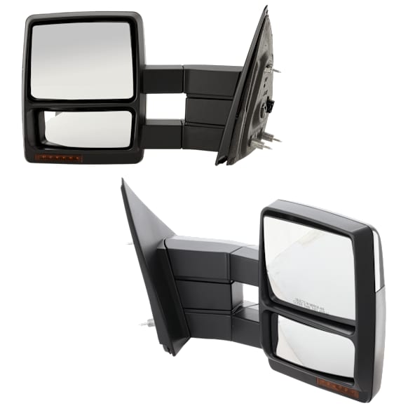 Driver and Passenger Side Towing Mirror, Power Adjust, Heated, Manual Folding, Paintable, In-housing Signal Light, With Memory, With Puddle Light, No Auto-Dim, With Blind Spot Glass