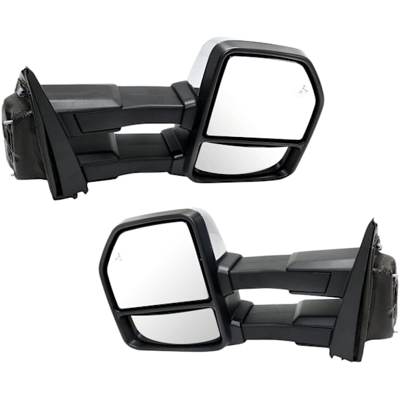 Driver and Passenger Side Towing Mirror, Power Adjust, Heated, Power Folding, Chrome, In-housing Signal Light, With Memory, With Puddle Light, No Auto-Dim, With Blind Spot Detection in Glass