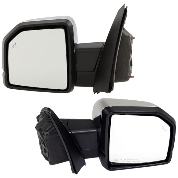 Driver and Passenger Side Mirror, Power Adjust, Heated, Power Folding, Chrome, In-housing Signal Light, With Memory, With Puddle Light, No Auto-Dim, With Blind Spot Detection in Glass