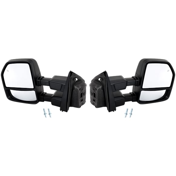Driver and Passenger Side, Towing Mirrors, Upper - Power Adjust , Lower - Manual Adjust, Heated, Manual Folding, Textured Black, In-housing Signal Light, No Puddle Light, No Blind Spot Feature