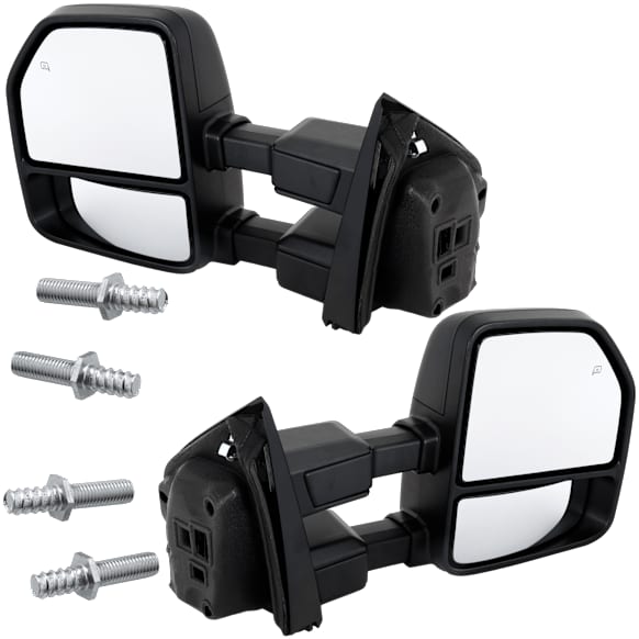 Driver and Passenger Side, Towing Mirrors, Upper - Power Adjust , Lower - Manual Adjust, Heated, Manual Folding, Textured Black, In-housing Signal Light, No Puddle Light, No Blind Spot Feature