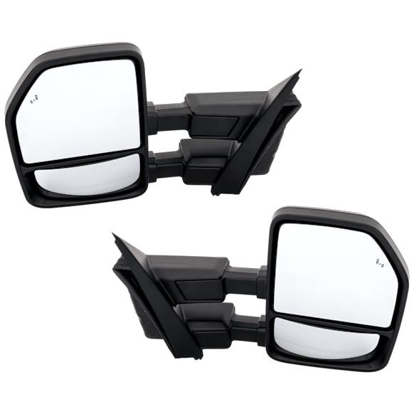 Driver and Passenger Side Towing Mirror, Power Adjust, Heated, Manual Folding, Textured Black, No Signal Light, No Memory, No Puddle Light, No Auto-Dim, With Blind Spot Detection in Glass