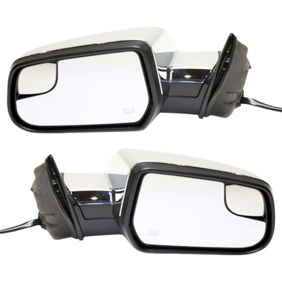 Driver and Passenger Side Mirror, Power Adjust, Heated, Manual Folding, Chrome, No Signal Light, With Memory, No Puddle Light, No Auto-Dim, With Blind Spot Glass