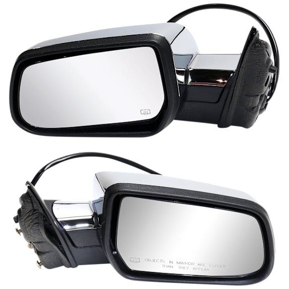 Driver and Passenger Side Mirror, Power Adjust, Heated, Manual Folding, Chrome, No Signal Light, No Memory, No Puddle Light, No Auto-Dim, No Blind Spot Feature