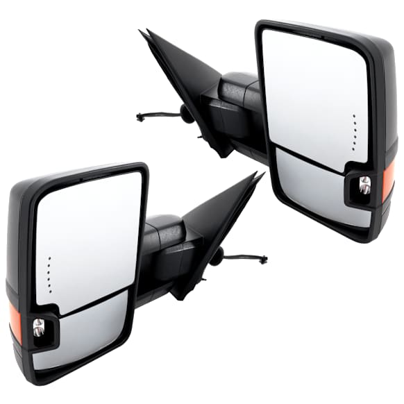 Driver and Passenger Side Towing Mirror, Power Adjust, Heated, Power Folding, Textured Black, In-glass Signal Light, With Memory, No Puddle Light, No Auto-Dim, No Blind Spot Feature