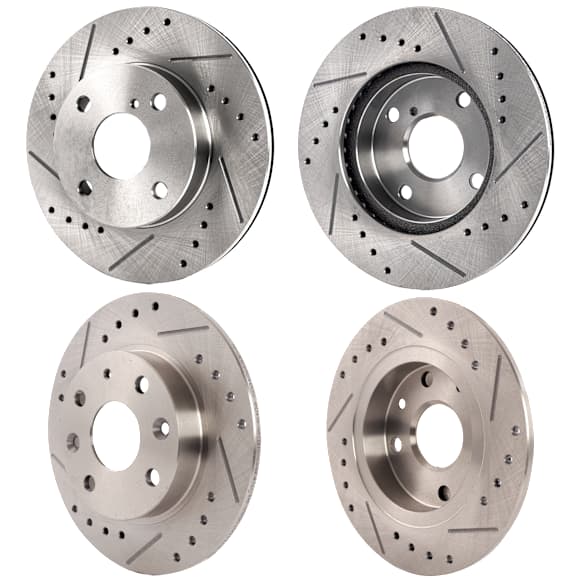 Front and Rear Brake Disc, 4-Wheel Set, Cross-drilled and Slotted, Vented - Front; Solid - Rear, 5 Lugs