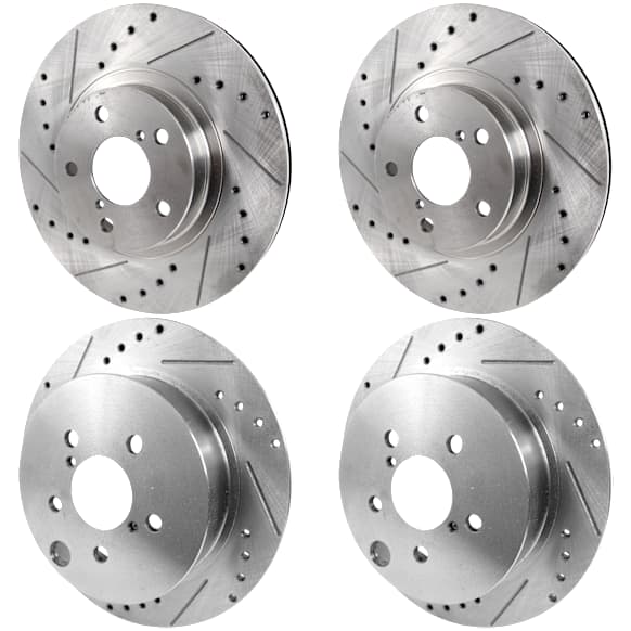Front and Rear Brake Disc, 4-Wheel Set, Cross-drilled and Slotted, Vented - Front; Solid - Rear, 5 Lugs