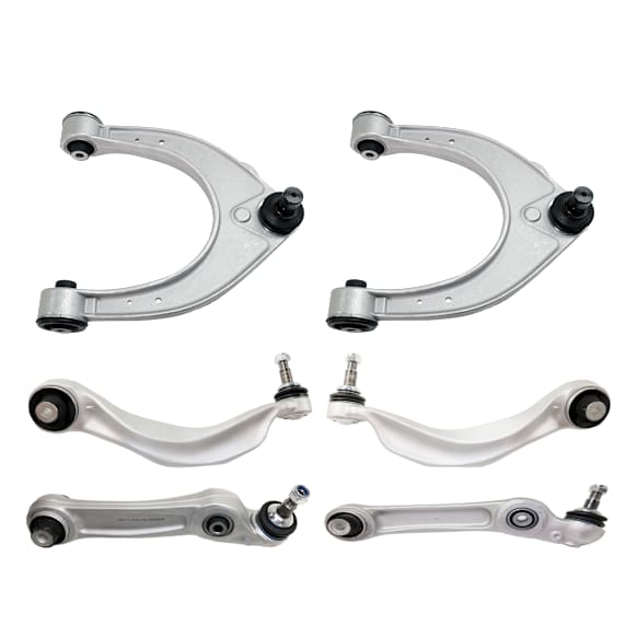 Front, Driver and Passenger Side, Upper and Lower, Frontward and Rearward Control Arm, With ball joint(s)