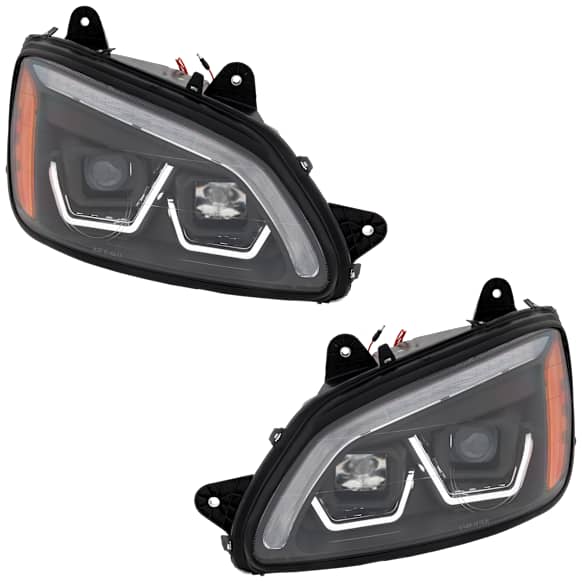 2008-2016 Kenworth T660 - Driver and Passenger Side Headlights, with Bulbs, Halogen, with Yellow White LED, Black Strip
