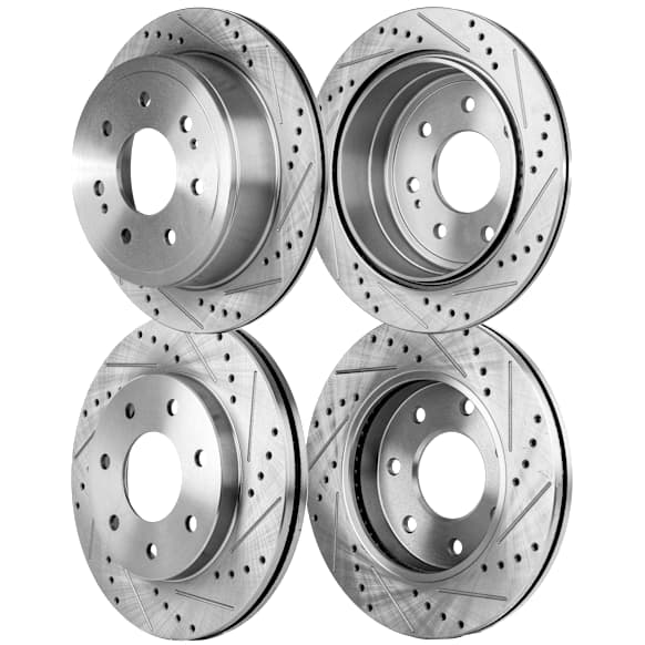 Front and Rear Brake Disc, Natural Finish, Cross-drilled and Slotted, Vented, 7 Lugs, Front-329.95 mm/Rear-348 mm, Pro-Line Series