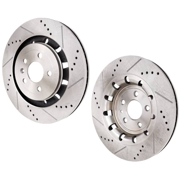 Front, Driver and Passenger Side Brake Discs, Cross-drilled and Slotted, Vented, 5 Lugs, Pro-Line Series