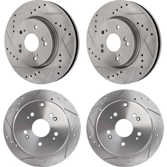 Front and Rear Brake Disc, Natural Finish, Cross-drilled and Slotted, Front-Vented/Rear-Solid, 5 Lugs, Front-296 mm/Rear-304.4 mm, Pro-Line Series