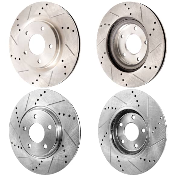 Front and Rear Brake Discs, 4-Wheel Set, Cross-Drilled and Slotted, Vented - Front, Solid - Rear, 5 Lugs, Pro-Line Series