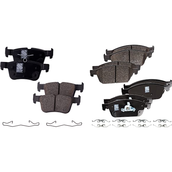 Front and Rear Brake Pad Sets, Organic - Front, Ceramic - Rear, Hardware Includes (2) Pieces Caliper Support Spring, AWD, Pro-Line Series