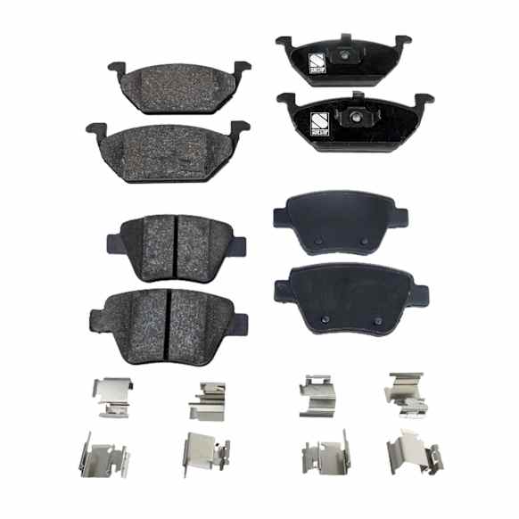 Front and Rear Brake Pad Set, Organic, Hardware Includes (8) Pieces Pad Locating Clip, Pro-Line Series