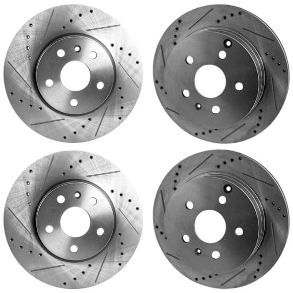 Front and Rear Brake Disc, 4-Wheel Set, Cross-drilled and Slotted, Vented, 5 Lugs
