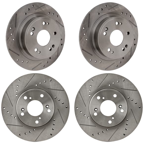Front and Rear Brake Discs, 4-Wheel Set, Cross-drilled and Slotted, Vented - Front; Solid - Rear, 5 Lugs