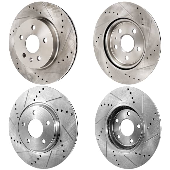 Front and Rear Brake Discs, 4-Wheel Set, Cross-drilled and Slotted, 5 Lugs, For Models With 321mm Front Disc, Single Piston Front Calipers, Pro-Line Series