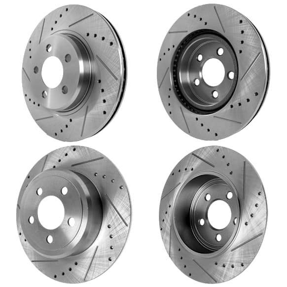 Front and Rear Brake Disc, 4-Wheel Set, Cross-drilled and Slotted, Vented, 5 Lugs, Pro-Line Series
