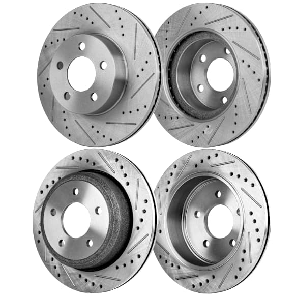 Front and Rear Brake Disc, 4-Wheel Set, Cross-drilled and Slotted, Vented, 5 Lugs, Pro-Line Series