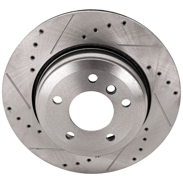 Rear, Driver or Passenger Side Brake Disc, Natural Finish, Cross-drilled and Slotted, Vented, 5 Lugs, 320.04 mm, Pro-Line Series
