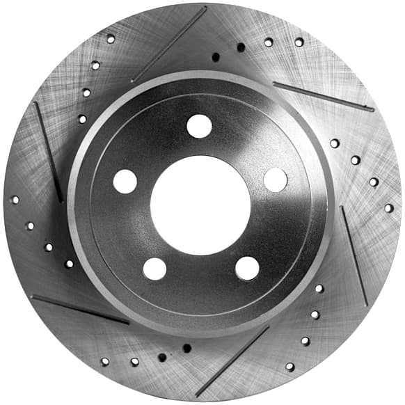 Rear, Driver or Passenger Side Brake Disc, Cross-Drilled and Slotted, Solid, For Models with Solid Rear Disc, Pro-Line Series