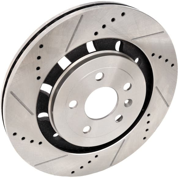 Front, Driver or Passenger Side Brake Disc, Cross-drilled and Slotted, Vented, 5 Lugs, Pro-Line Series