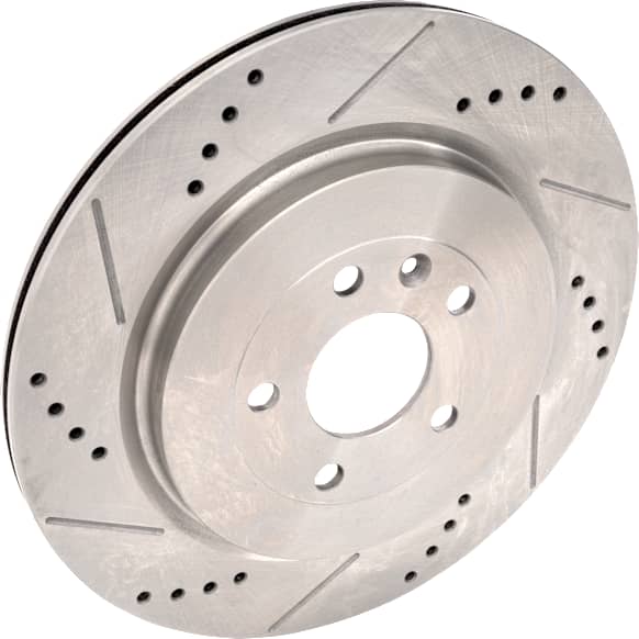 Rear, Driver or Passenger Side Brake Disc, Cross-drilled and Slotted, Vented, 5 Lugs, Pro-Line Series