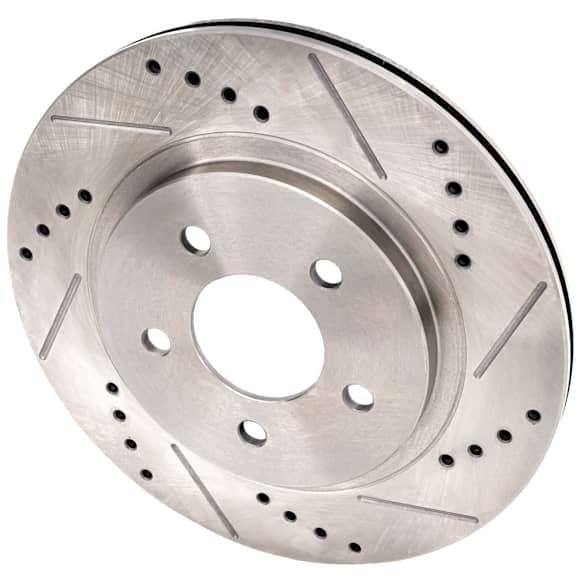 Rear, Driver or Passenger Side Brake Disc, Natural Finish, Cross-drilled and Slotted, Vented, 5 Lugs, 300 mm, Pro-Line Series