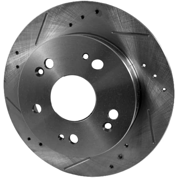 Rear, Driver or Passenger Side Brake Disc, Natural Finish, Cross-drilled and Slotted, Solid, 5 Lugs, 259.59 mm, Pro-Line Series