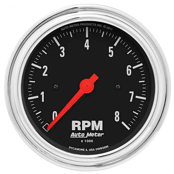 2499 Traditional Chrome Series Gauge, Tachometer, 3 3/8in. 8K Rpm, In-Dash.