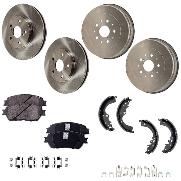 8-Piece Kit Front and Rear Brake Disc and Drum Kit, Plain Surface, 5 Lugs, Ceramic Pad Material, includes (2) Brake Disc, (2) Brake Drum, (1) Brake Pad Set, and (1) Brake Shoe Set
