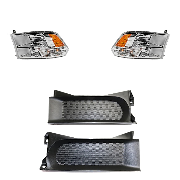 4-Piece Kit, Driver and Passenger Side Halogen Headlight, With bulb(s), OE Replacement, Includes (2) Bumper Trim and (2) Headlight