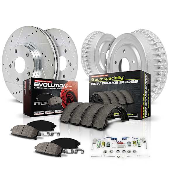 K15254DK Front and Rear Power Stop Z23 Daily Carbon-Fiber Ceramic Brake Pads, Drilled + Slotted Rotors, Drum + Shoe Kit