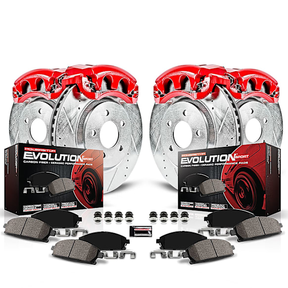 KC871 Front and Rear Brake Disc and Caliper Kit, Red Powdercoat Caliper, Carbon Fiber Ceramic, 5 Lugs, Z23 Evolution Sport Series