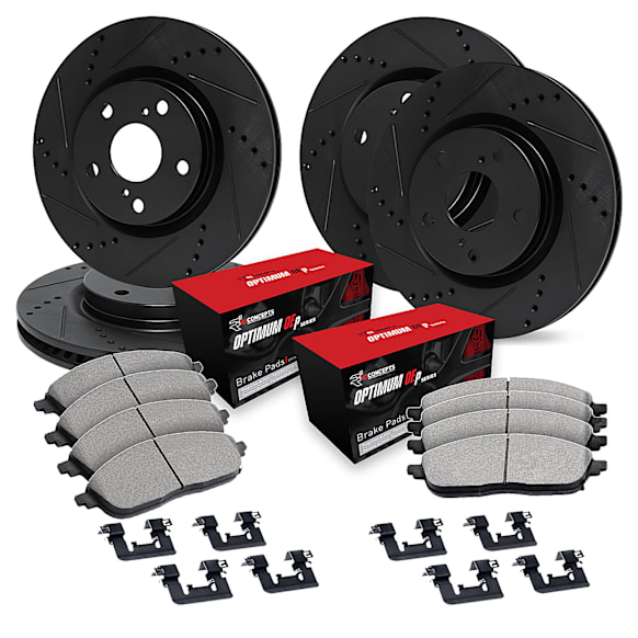R1 Concepts® 2020 Infiniti Q50 - Front and Rear Brake Disc and Pad Kit, Cross-drilled and Slotted, OE Replacement, 4-Piston Front Calipers, R1 eLINE Black Rotors with Optimum OEp Pads Series