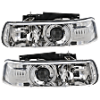 Driver and Passenger Side Headlights, with Bulbs, Halogen, Clear Lens, Chrome Interior, Projector Type
